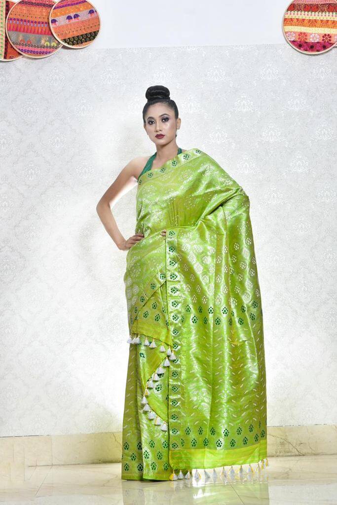 LIGHT GREEN MEKHELA CHADAR WITH SILVER JARI