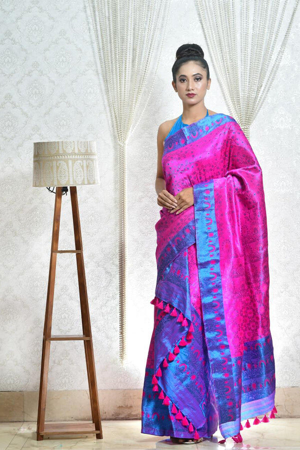 PINK AND BLUE MEKHELA CHADAR WITH JARI WORK