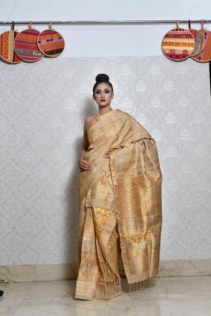 MUGA MEKHELA CHADOR WITH GOLDEN JARI WORK