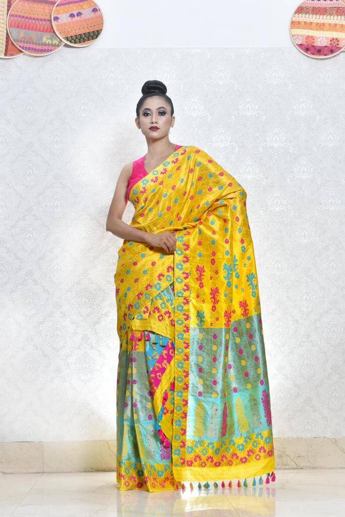 YELLOW AND AQUA GREEN MEKHELA CHADAR WITH THREAD AND JARI WORK