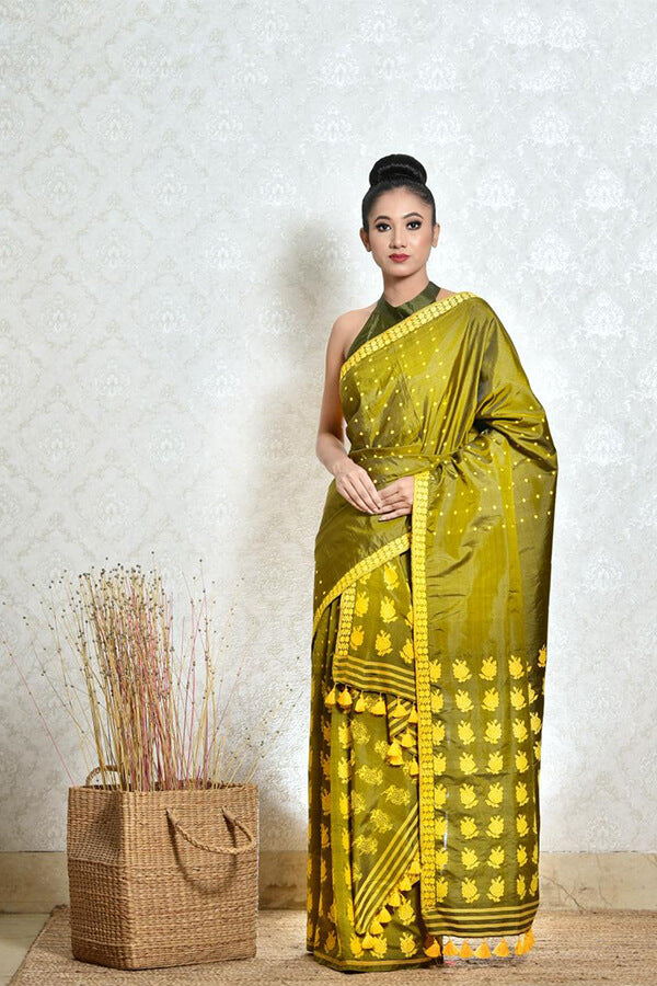 OLIVE GREEN MEKHELA CHADARWITH YELLOW THREAD WORK