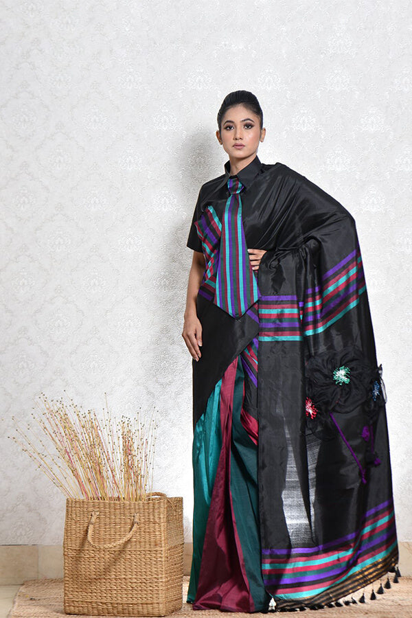 BLACK WITH MULTI COLOUR STRIPE SAREE