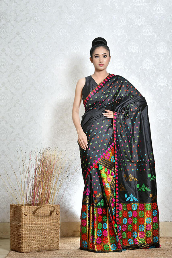 BLACK MEKHELA CHADAR WITH MULTI COLOUR WORK