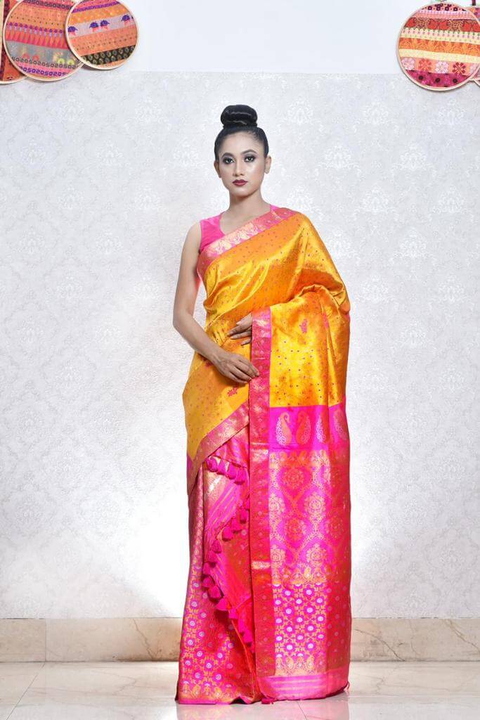 MUSTARD YELLOW AND PINK MEKHELA CHADAR WITH GOLDEN JARI WORK