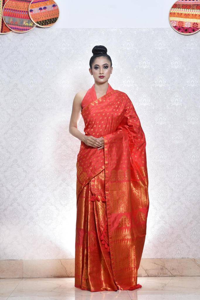 RED MEKHELA CHADAR WITH GOLDEN JARI WORK