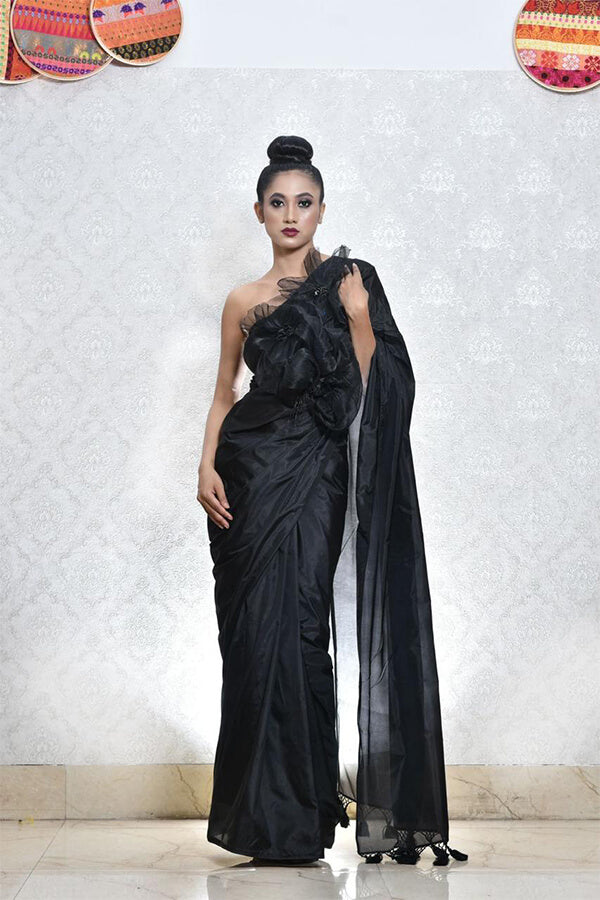 BLACK WITH MULTI COLOUR STRIPE SAREE