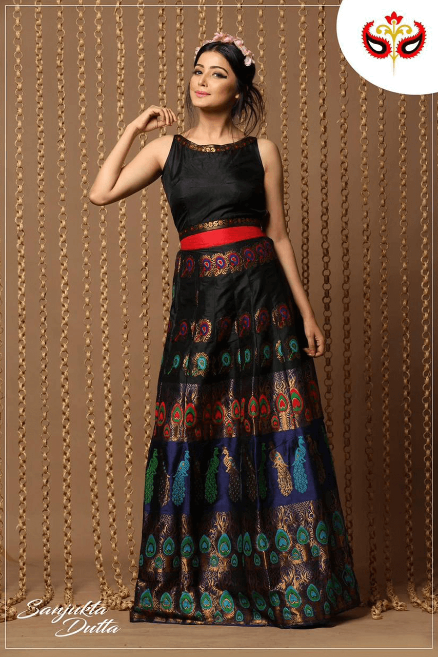 Mulberry Silk (Paat) - Long Skirt (Black and Blue)