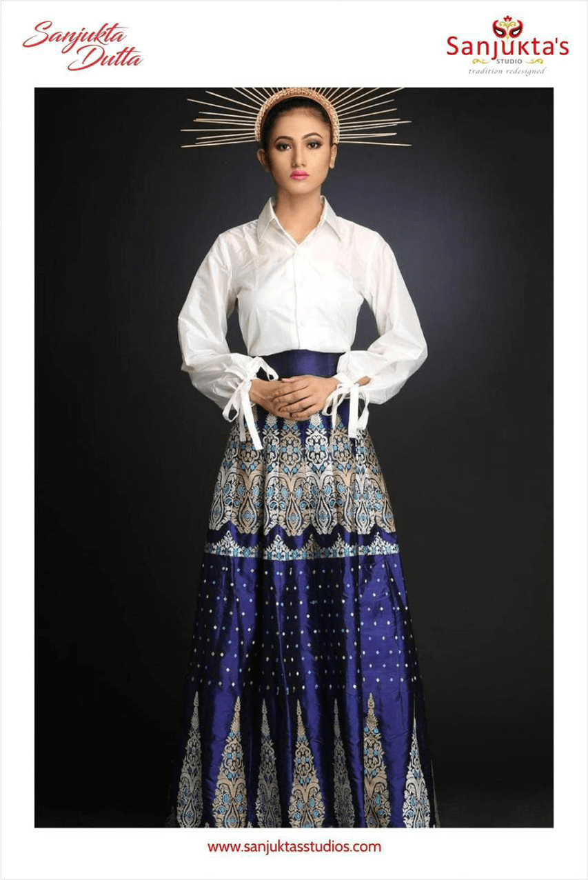 Mulberry Silk (Paat) - Long Skirt (White, Blue)